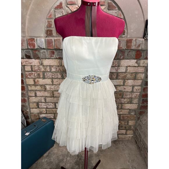 dress strapless formal cream jeweled sheer tired skirt - Picture 1 of 10